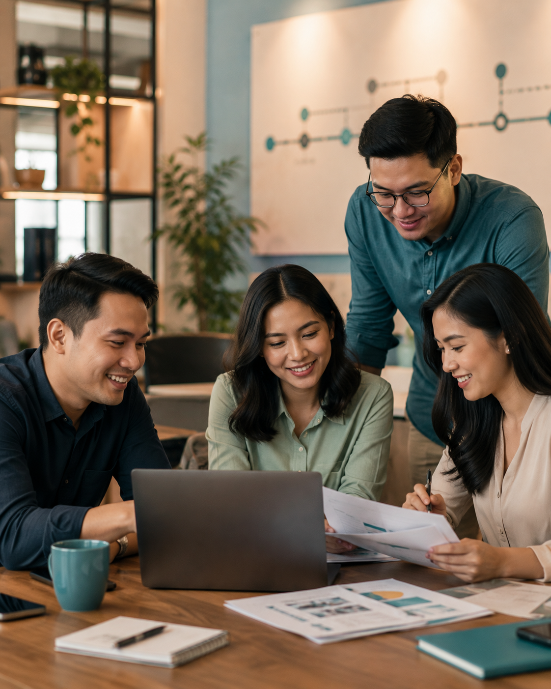 Indonesian recruitment professionals discussing Geekhunter’s growth in a relaxed modern office