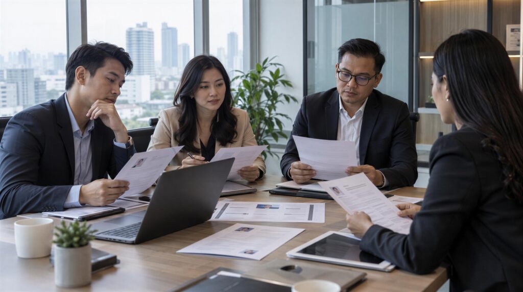 Recruiter and hiring manager discussing candidates during a slow hiring process
