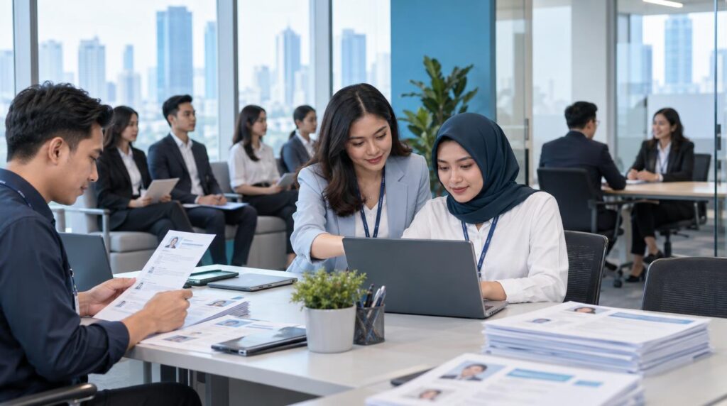 Mass hiring in Indonesia with an HR team managing multiple candidates to meet a company's workforce needs.